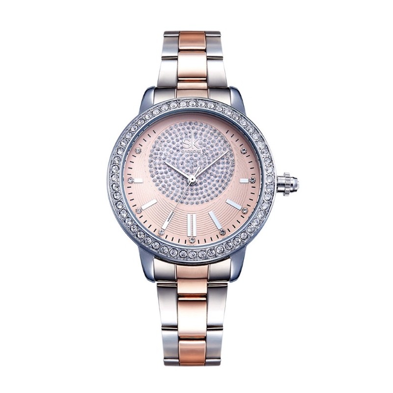 Horloge zilver-rosé goud met strass steentjes – fashion voor een betaalbare prijs